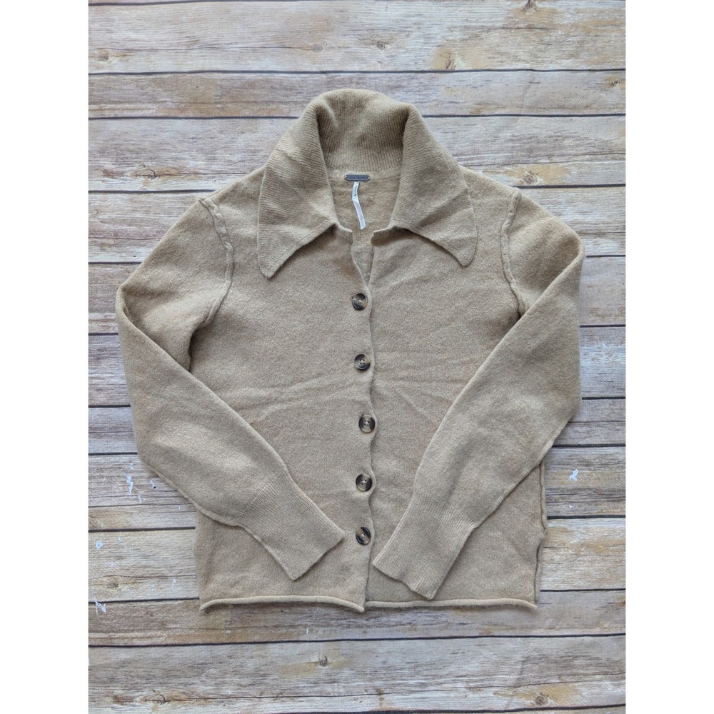 Free People Cardigan Women S 100% Cashmere Tan Camel Button Up Collar
